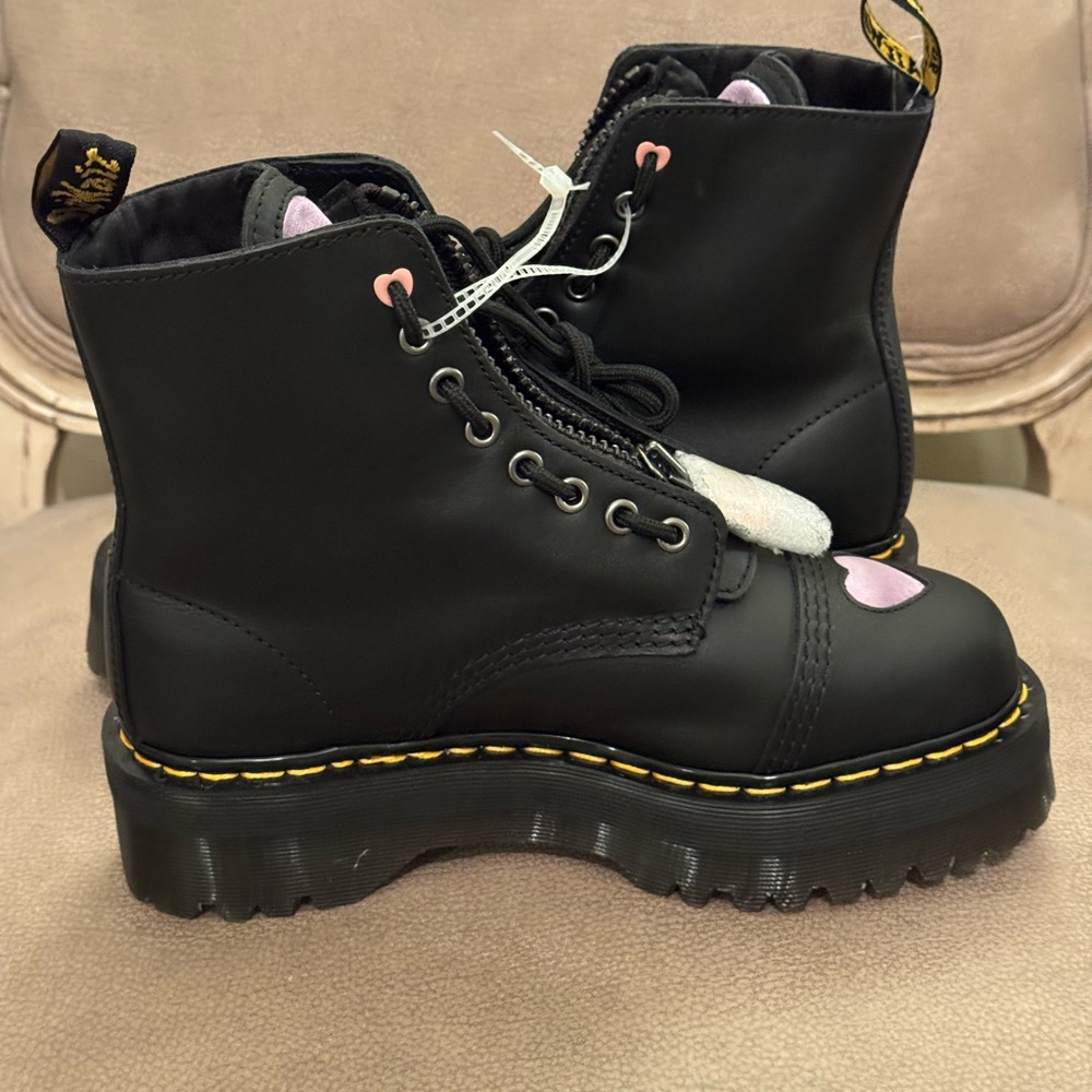 Dr. Martens Black Lace Up Boots with Pink and Purple Hearts - Picture 8 of 15